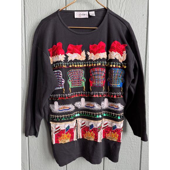 Vintage 90s Cedars Beaded Christmas 3/4 Sleeve Top – Santa Medium - Picture 1 of 6